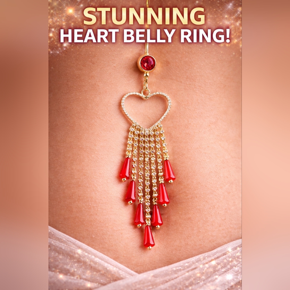 ※NEW※ HEART RED + GOLD BELLY BUTTON RING - NAVEL - Picture 2 of 5